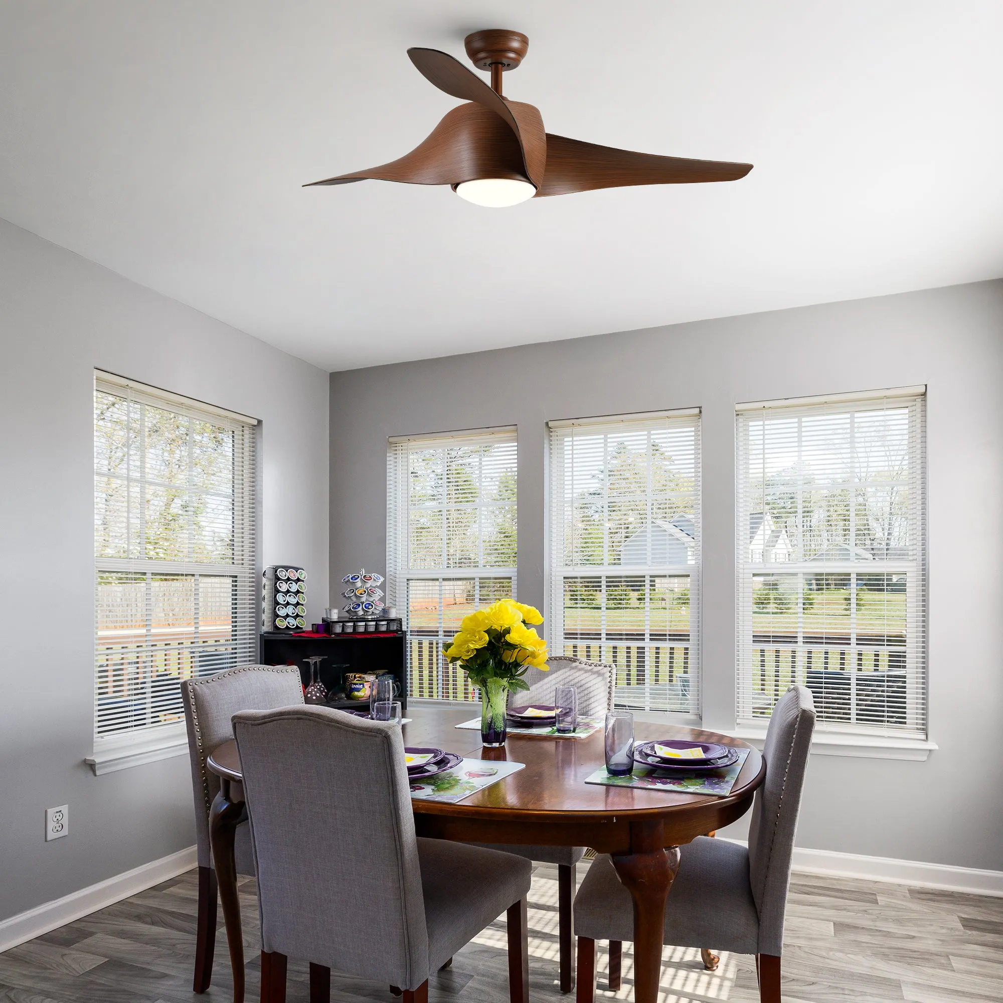 Misty Valley 52in. Integrated LED Modern Brown Ceiling Fan with Light, Wood Grain Blade