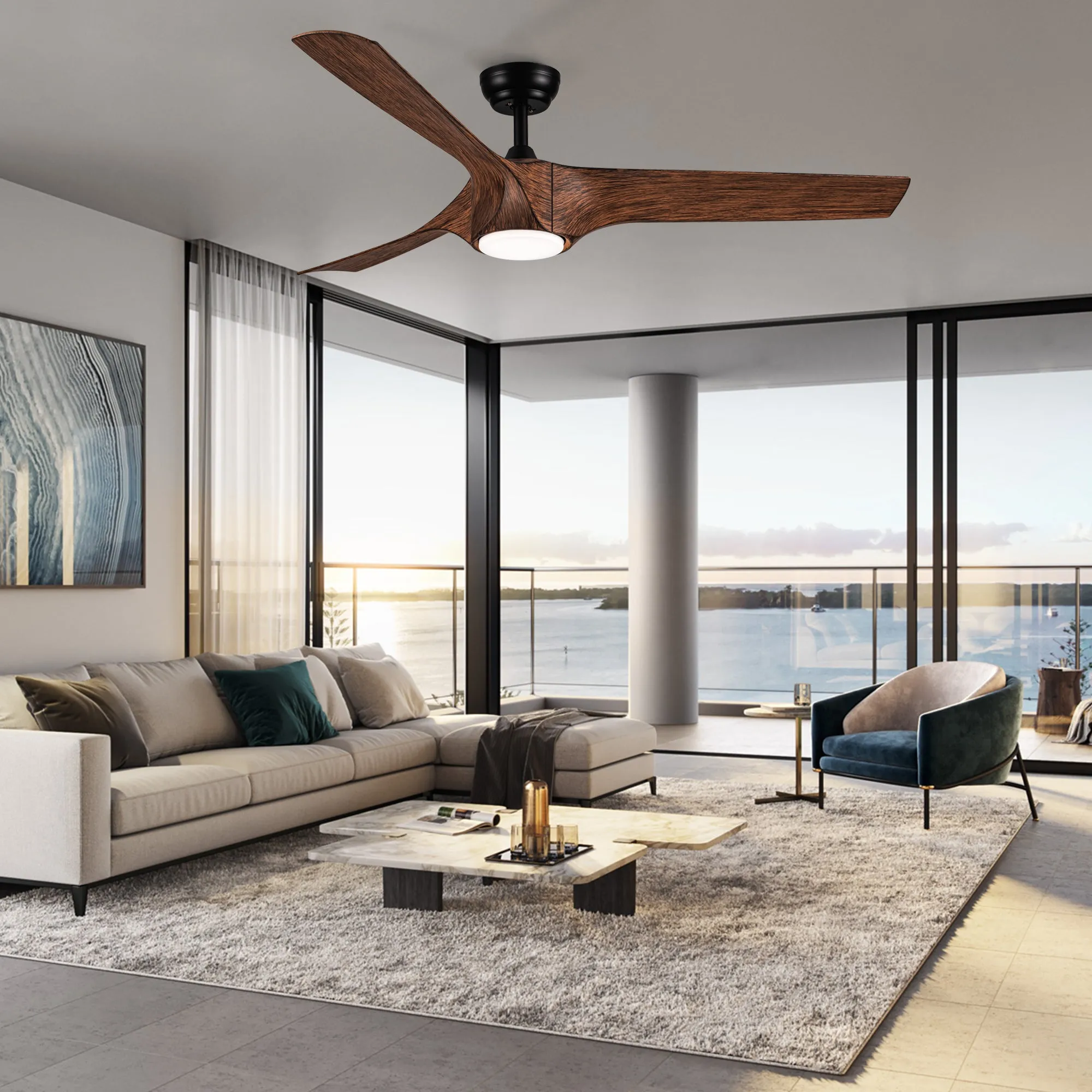Misty Valley 56in. Modern Integrated LED Reversible Ceiling Fan with Brown Wood Grain ABS Blade