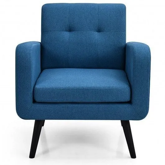 Modern Upholstered Comfy Accent Chair Single Sofa with Rubber Wood Legs-Navy - C