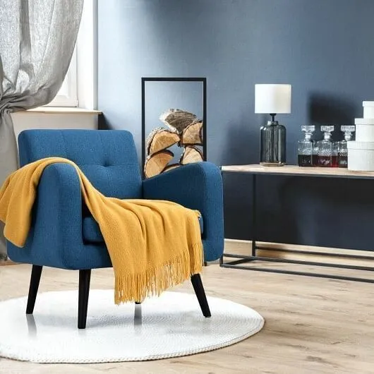 Modern Upholstered Comfy Accent Chair Single Sofa with Rubber Wood Legs-Navy - C