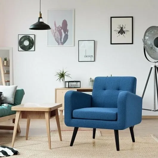 Modern Upholstered Comfy Accent Chair Single Sofa with Rubber Wood Legs-Navy - C