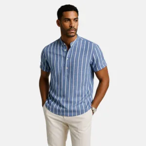 Monacogents | Striped Collarless Pullover – Sophisticated Ease for the Modern Man