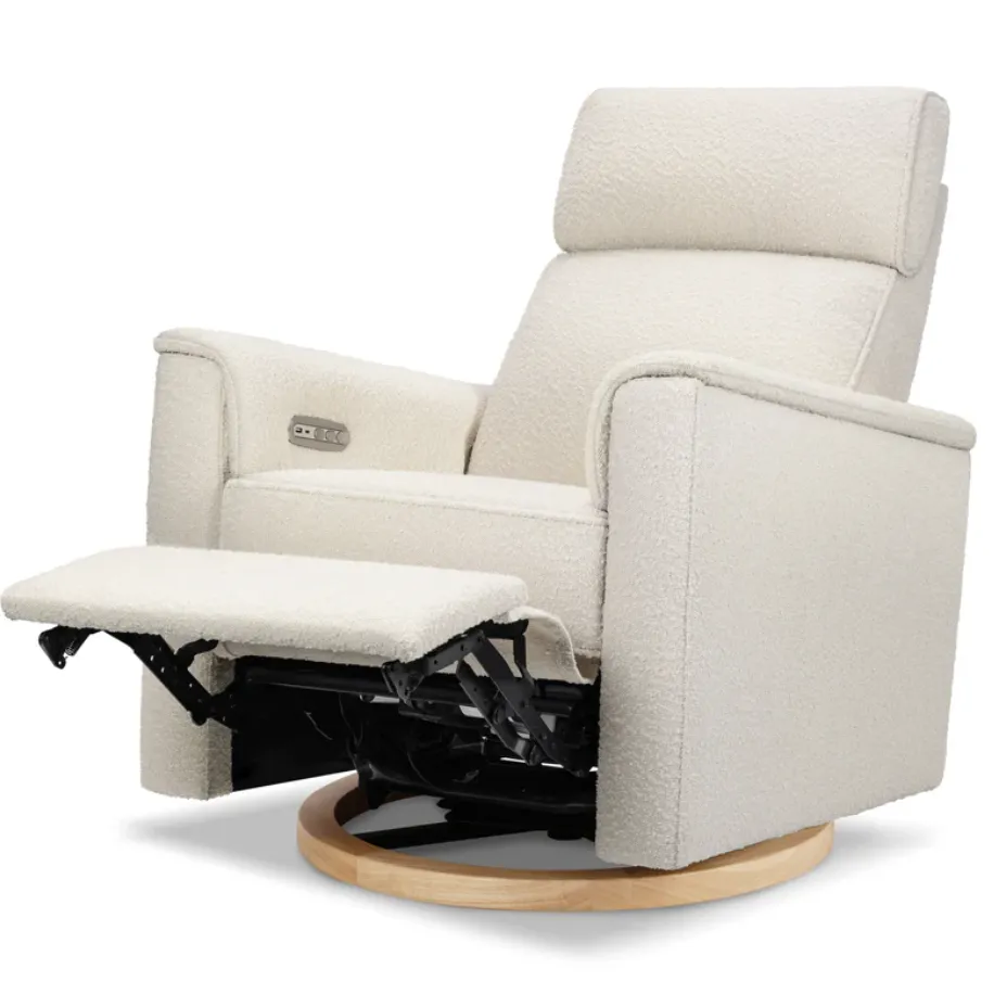 Monogram by Namesake Willa Plus Power Glider Recliner with Power Headrest - Ivory Boucle with Light Wood Base