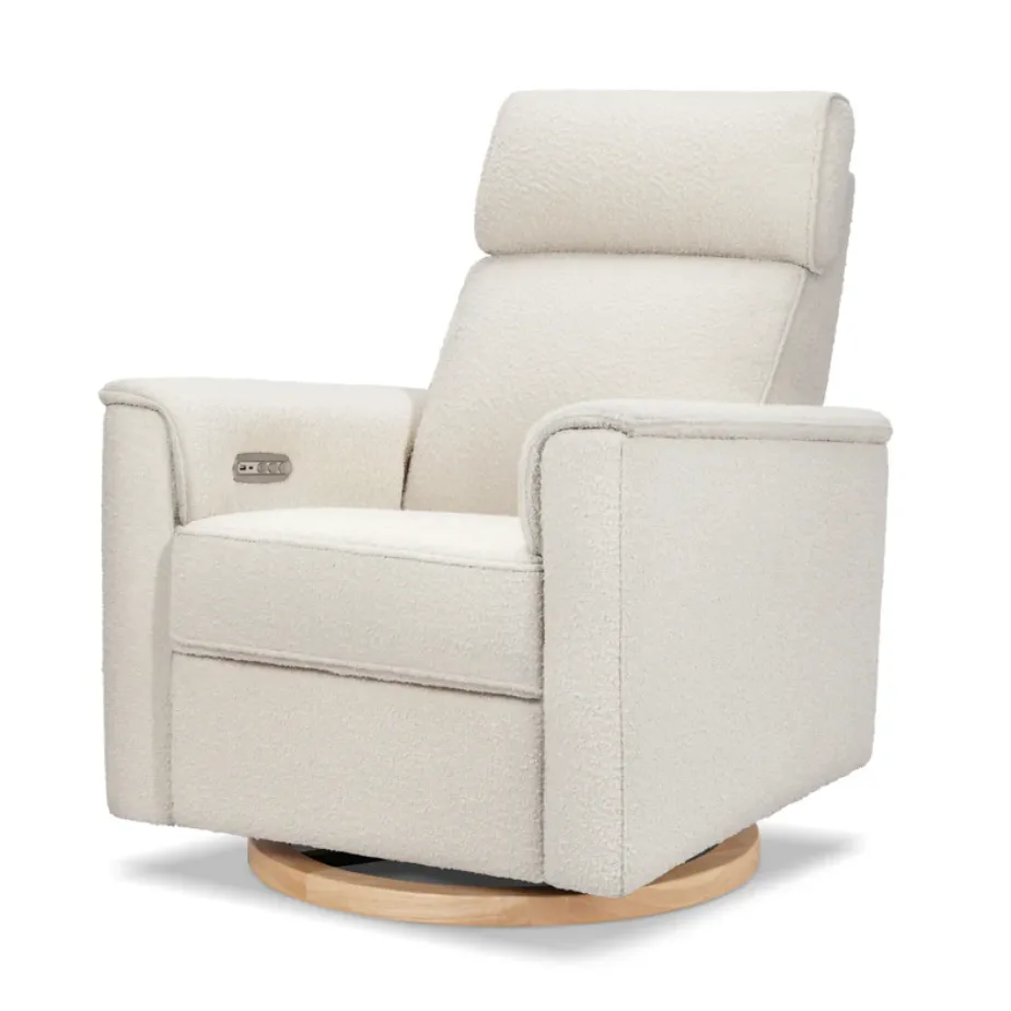 Monogram by Namesake Willa Plus Power Glider Recliner with Power Headrest - Ivory Boucle with Light Wood Base