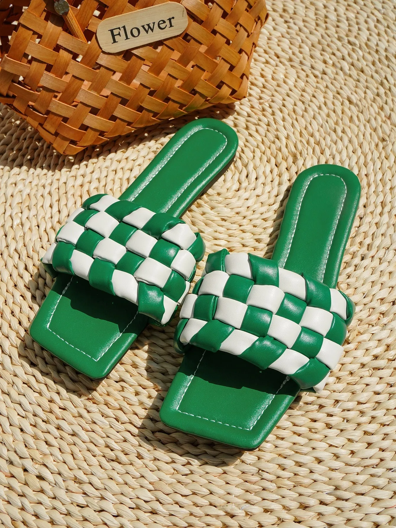 Nadina Braided Color Block Slides Flat Sandals