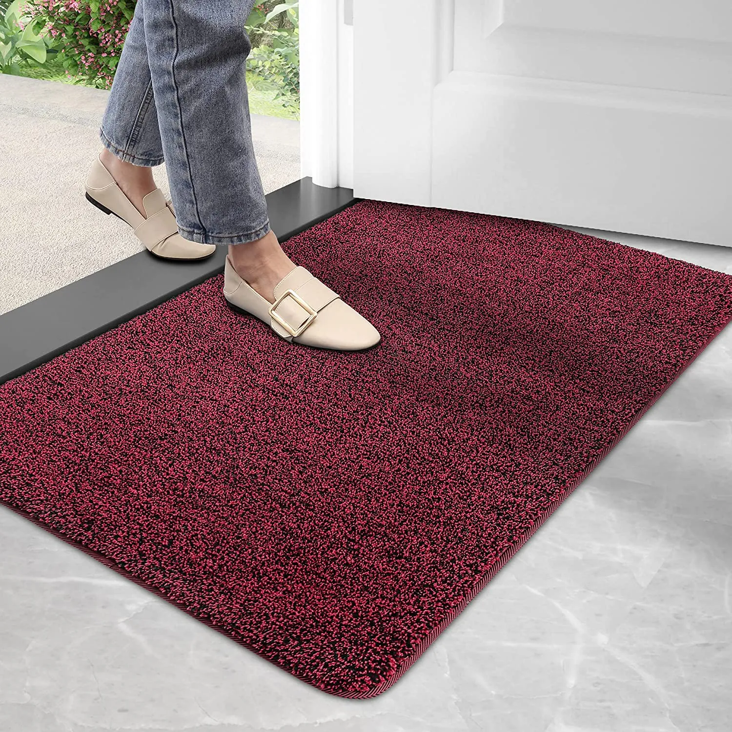 New DEXI Doormat Entry Door Mat Indoor Rug Non Slip Soft Mats for Entrance Low Profile for Front Mats Inside Entryway 23.5"x35.5",Black Mixed Red