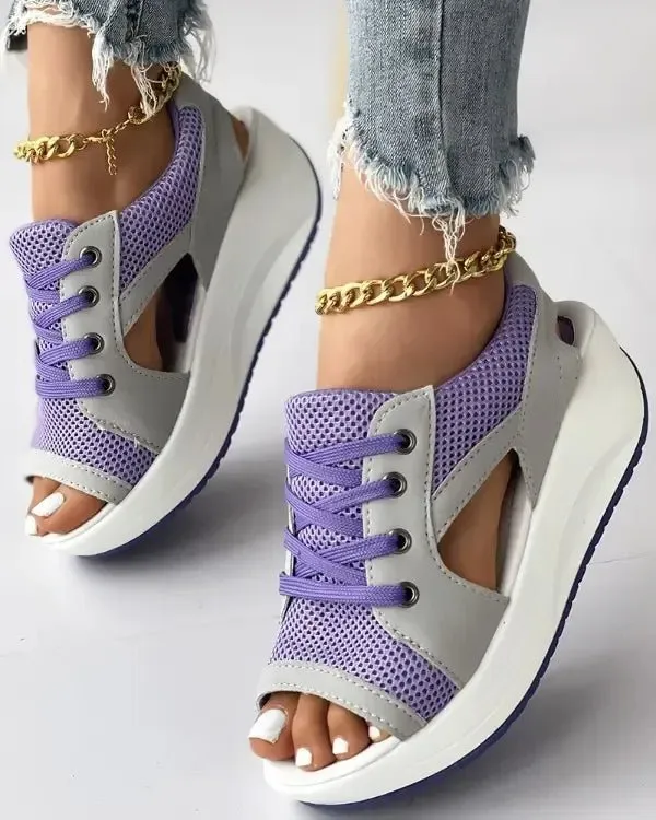 ☄️NEW HOT SALE🎉Contrast Paneled Cutout Lace-Up Muffin Sandals