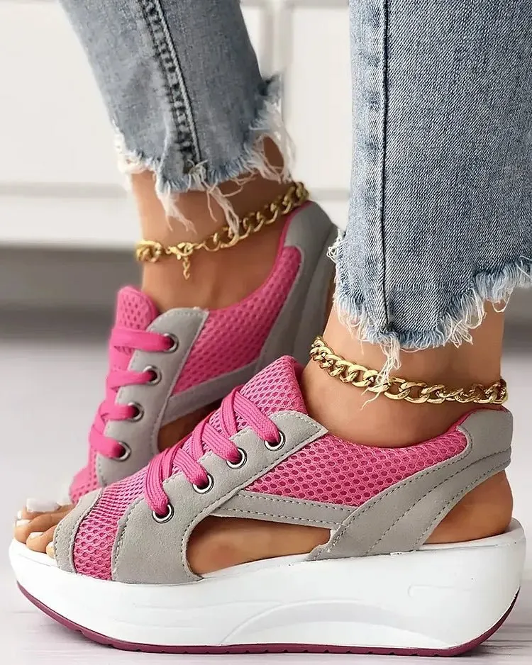 ☄️NEW HOT SALE🎉Contrast Paneled Cutout Lace-Up Muffin Sandals