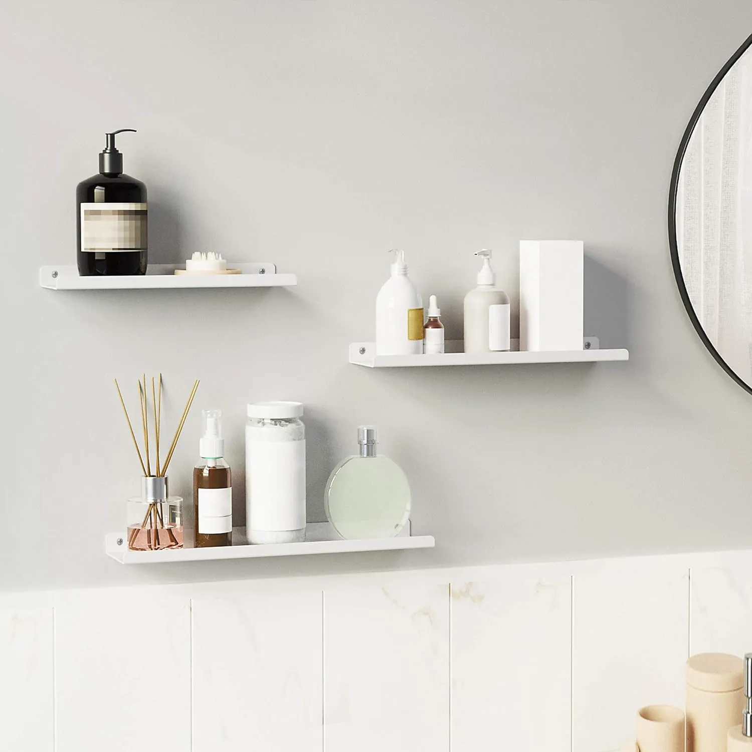 New SONGMICS Set of 3 Wall Shelves, Metal Floating Shelves, Wall-Mounted Shelving, White
