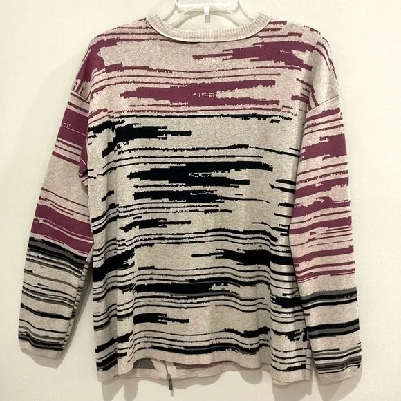 Nic Zoe Abstract Crewneck Sweater This and That Sz Med Multi-color Zipper Accent