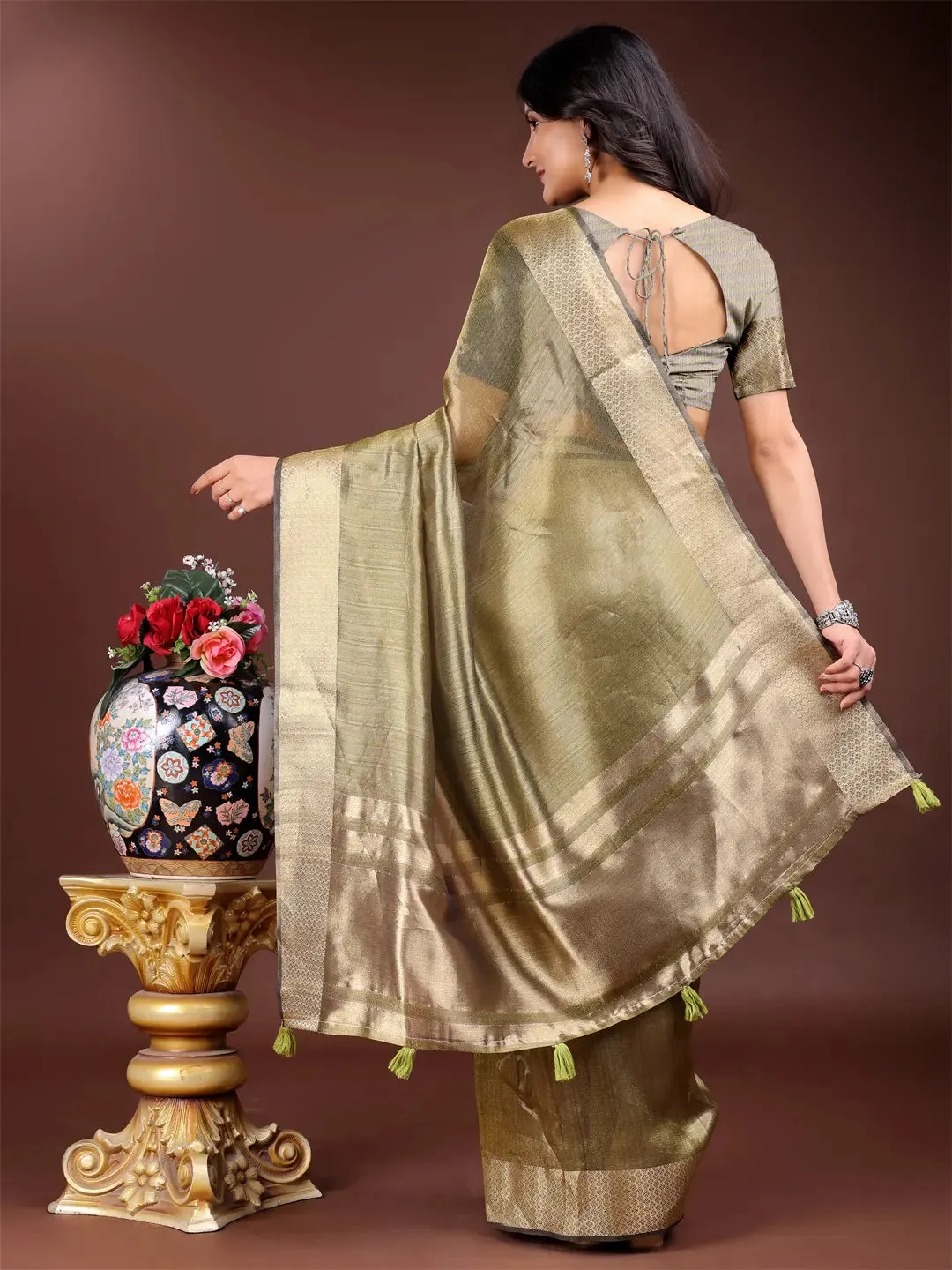 Olive Green Organza Saree