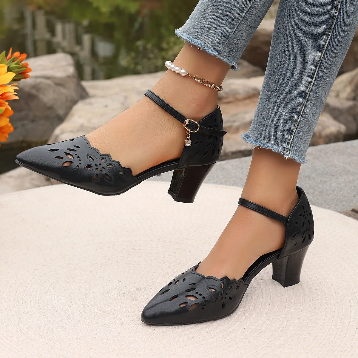 One-word Belt Casual Mid Heel Women's High-heeled Sandal