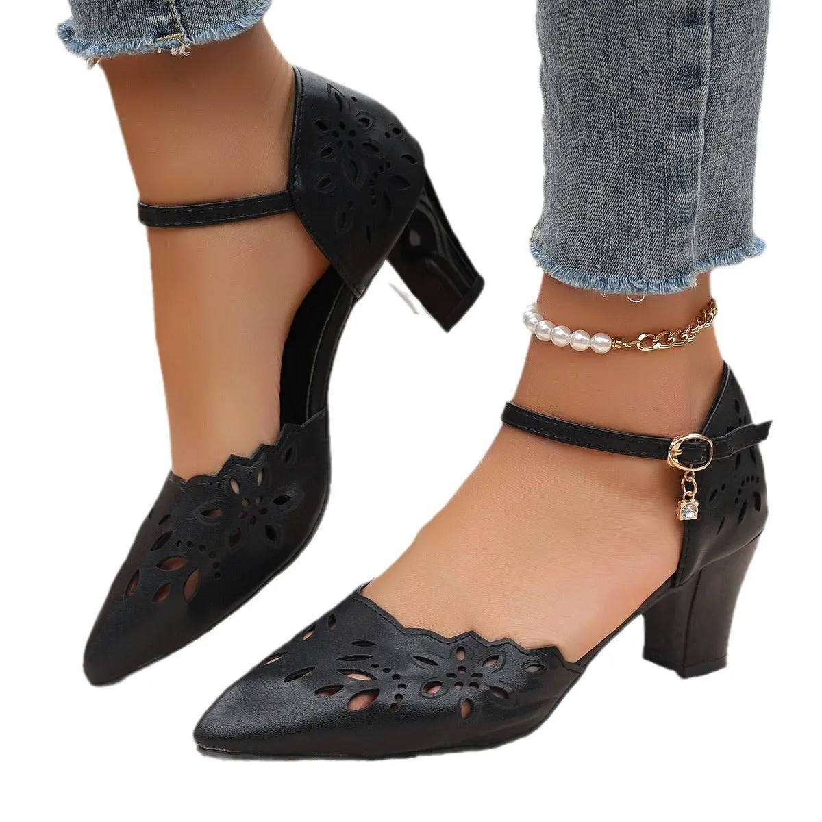 One-word Belt Casual Mid Heel Women's High-heeled Sandal