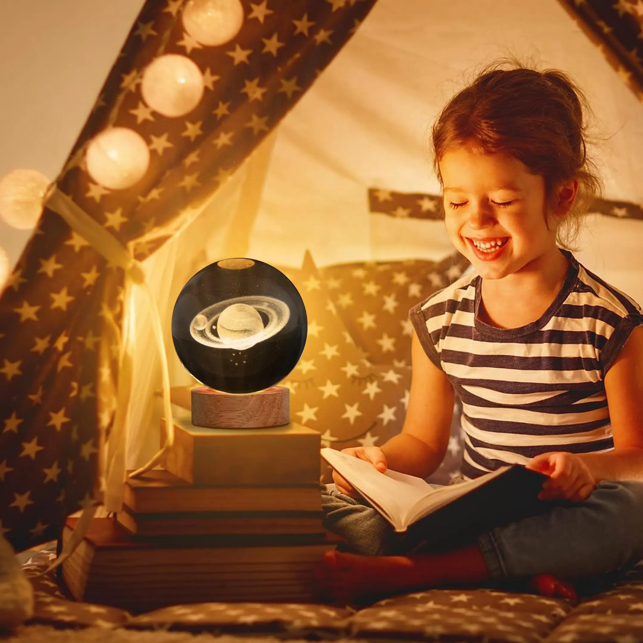 One94Store 3D Galaxy Crystal Ball Night Lamp - Engraved USB Table LED Wooden Light for Home Office Decoration and Birthday Gift (Galaxy)(Warm White)