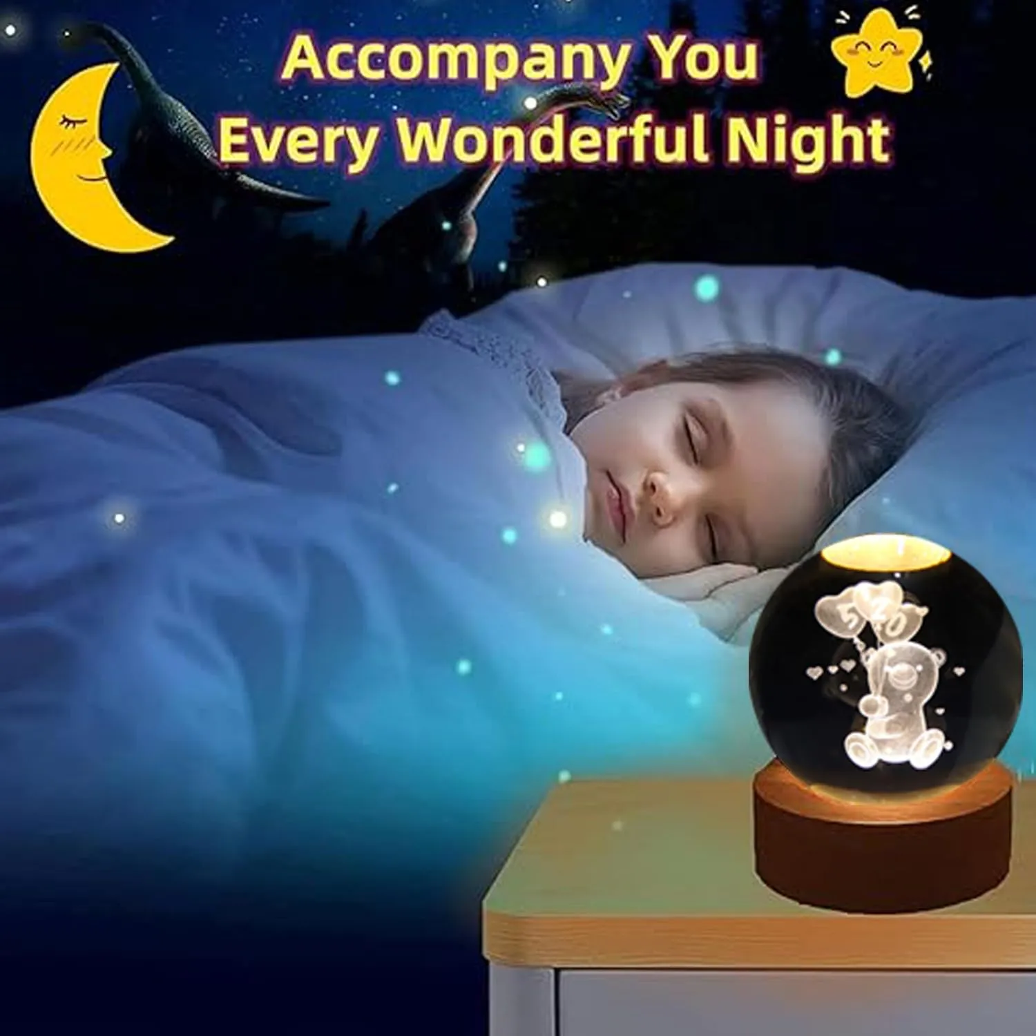 One94Store 3D Galaxy Crystal Ball Night Lamp - Engraved USB Table LED Wooden Light for Home Office Decoration and Birthday Gift (Galaxy)(Warm White)