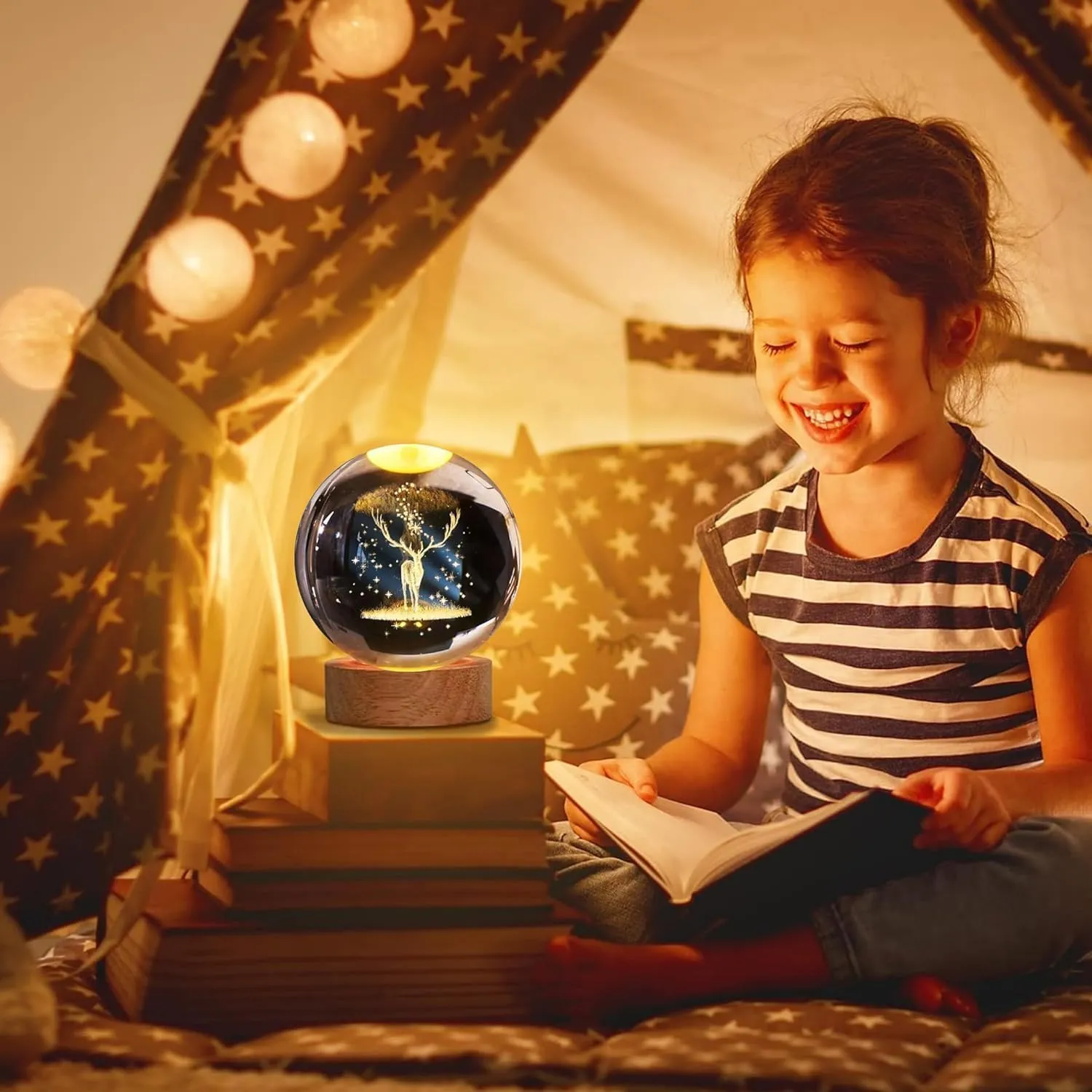 One94Store 3D Galaxy Crystal Ball Night Lamp - Engraved USB Table LED Wooden Light for Home Office Decoration and Birthday Gift (Galaxy)(Warm White)
