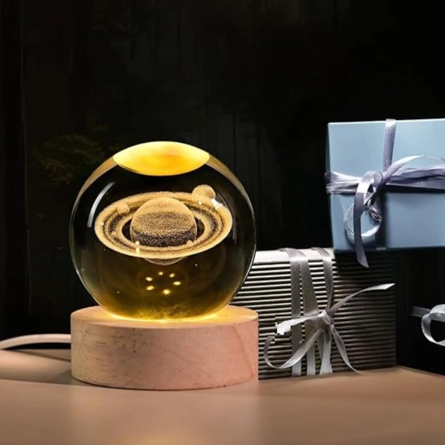 One94Store 3D Galaxy Crystal Ball Night Lamp - Engraved USB Table LED Wooden Light for Home Office Decoration and Birthday Gift (Galaxy)(Warm White)
