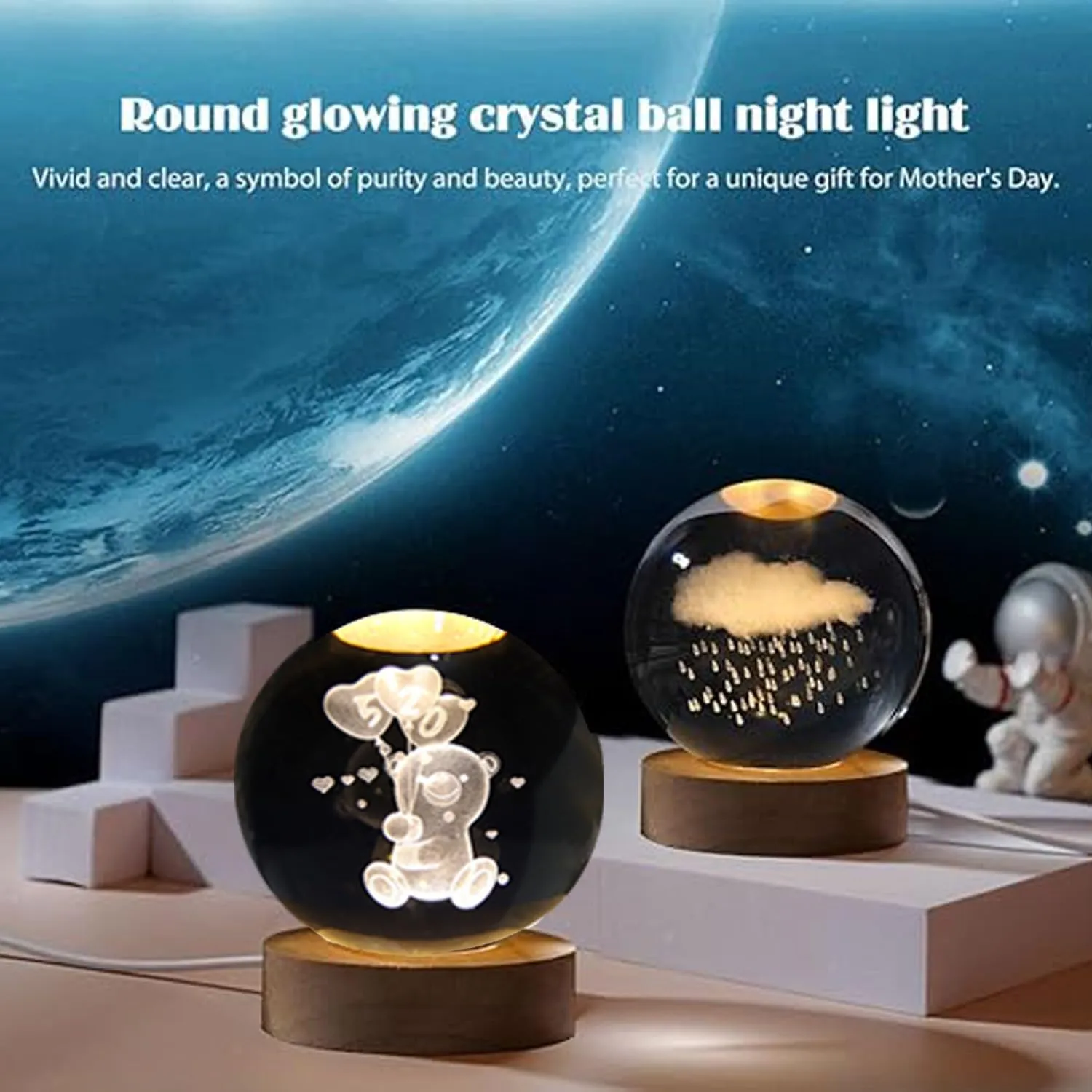 One94Store 3D Galaxy Crystal Ball Night Lamp - Engraved USB Table LED Wooden Light for Home Office Decoration and Birthday Gift (Galaxy)(Warm White)