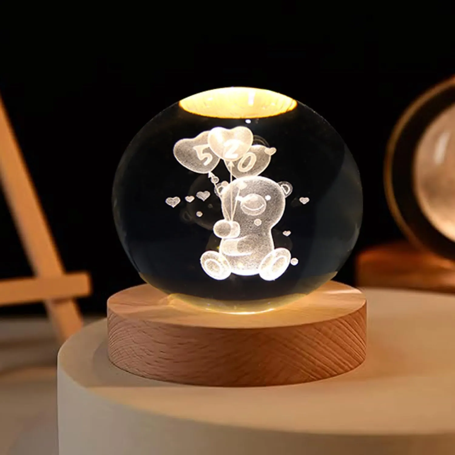 One94Store 3D Galaxy Crystal Ball Night Lamp - Engraved USB Table LED Wooden Light for Home Office Decoration and Birthday Gift (Galaxy)(Warm White)