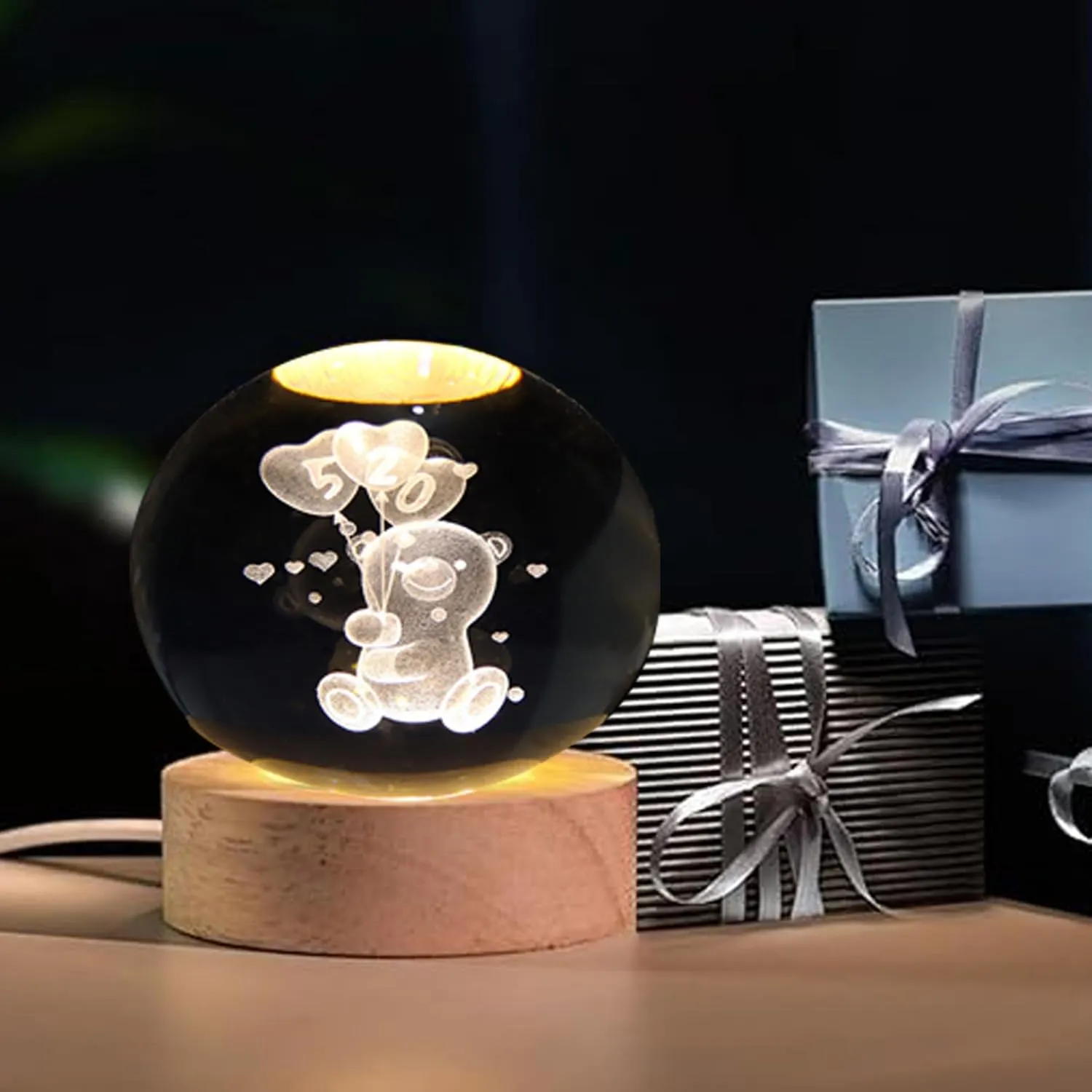 One94Store 3D Galaxy Crystal Ball Night Lamp - Engraved USB Table LED Wooden Light for Home Office Decoration and Birthday Gift (Galaxy)(Warm White)