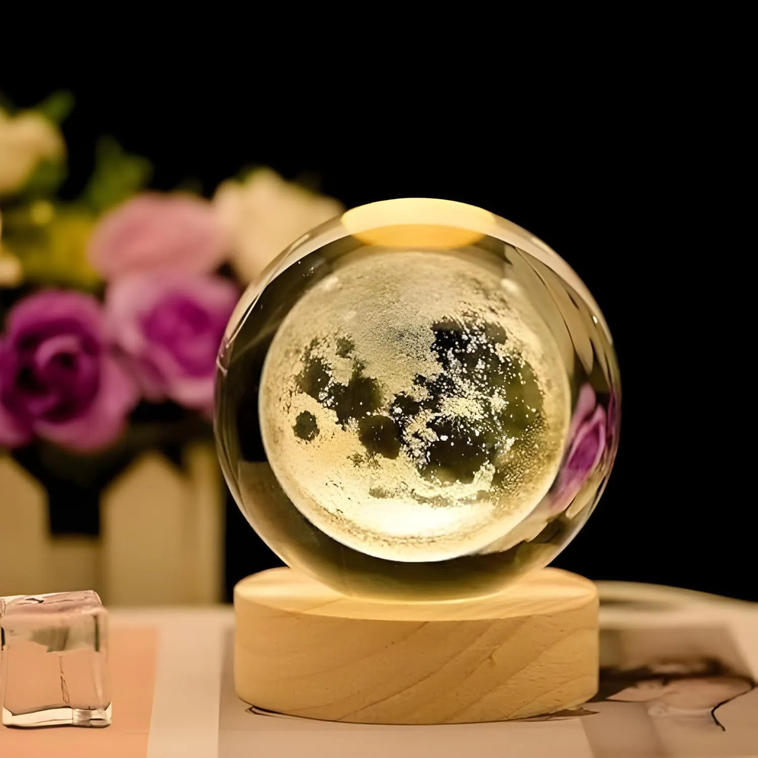 One94Store 3D Galaxy Crystal Ball Night Lamp - Engraved USB Table LED Wooden Light for Home Office Decoration and Birthday Gift (Galaxy)(Warm White)