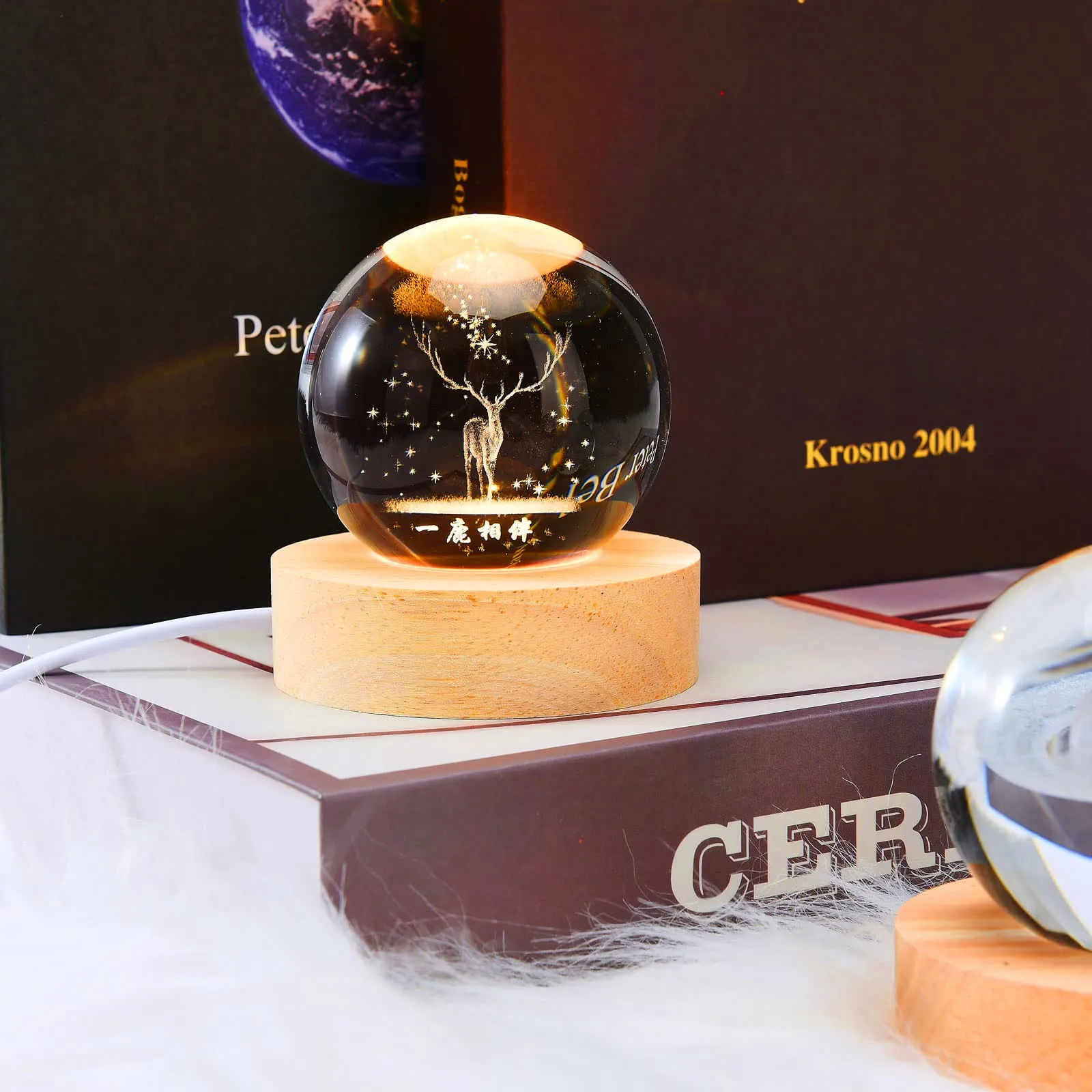 One94Store 3D Galaxy Crystal Ball Night Lamp - Engraved USB Table LED Wooden Light for Home Office Decoration and Birthday Gift (Galaxy)(Warm White)