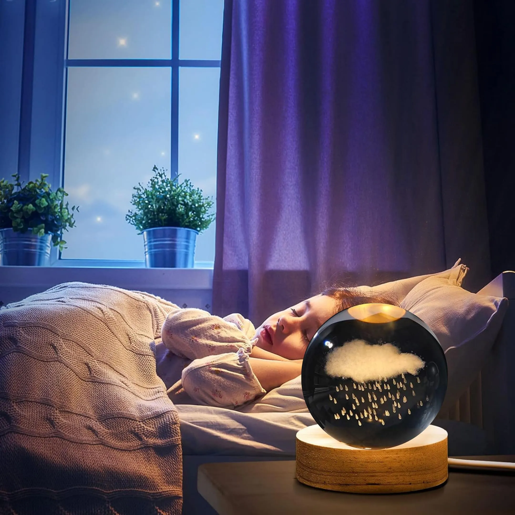 One94Store 3D Galaxy Crystal Ball Night Lamp - Engraved USB Table LED Wooden Light for Home Office Decoration and Birthday Gift (Galaxy)(Warm White)