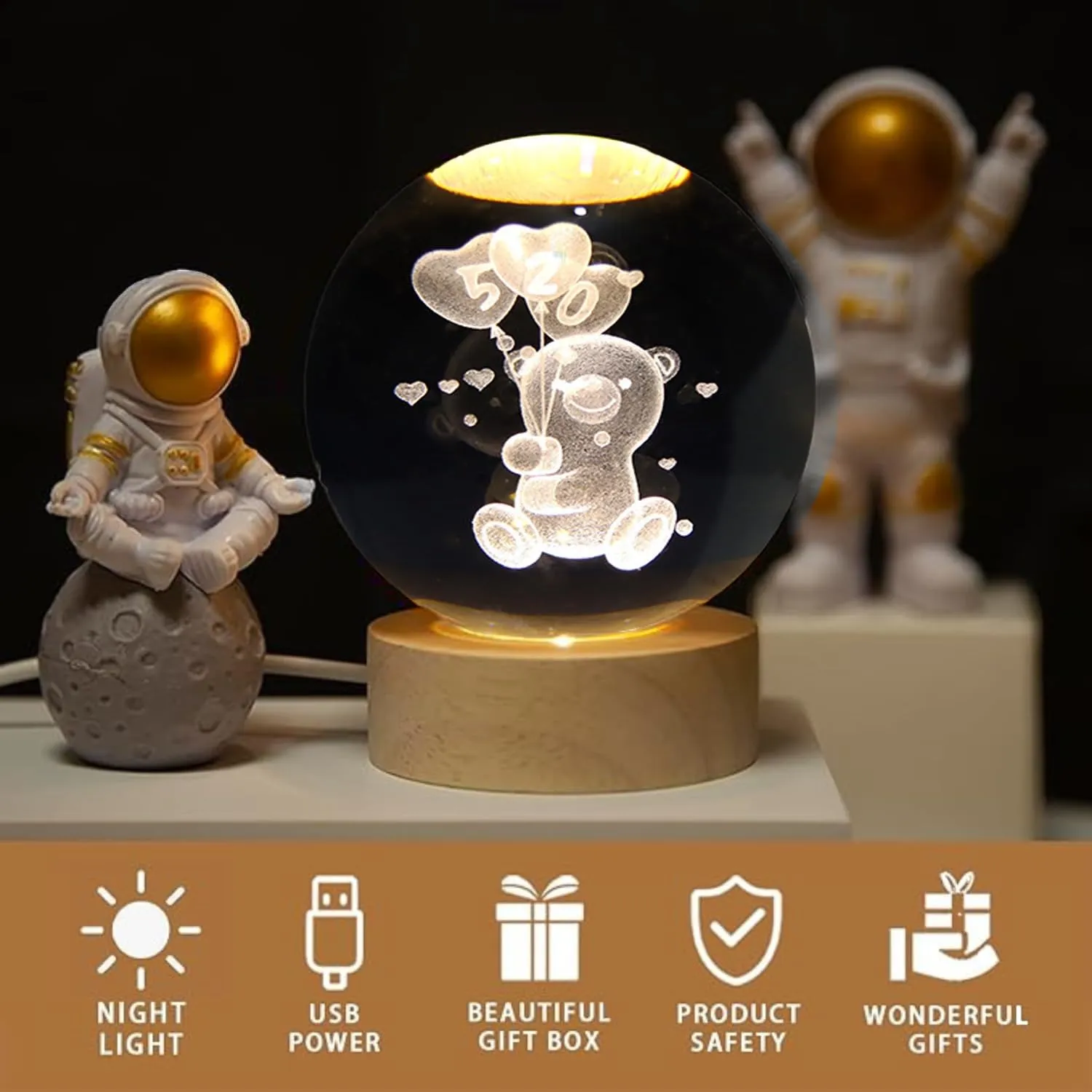 One94Store 3D Galaxy Crystal Ball Night Lamp - Engraved USB Table LED Wooden Light for Home Office Decoration and Birthday Gift (Galaxy)(Warm White)
