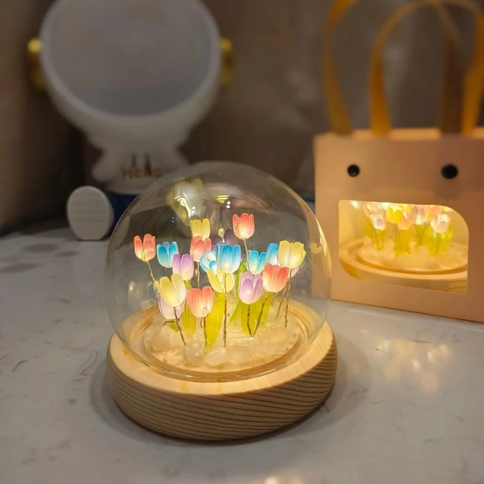 One94Store 3D Galaxy Crystal Ball Night Lamp - Engraved USB Table LED Wooden Light for Home Office Decoration and Birthday Gift (Galaxy)(Warm White)
