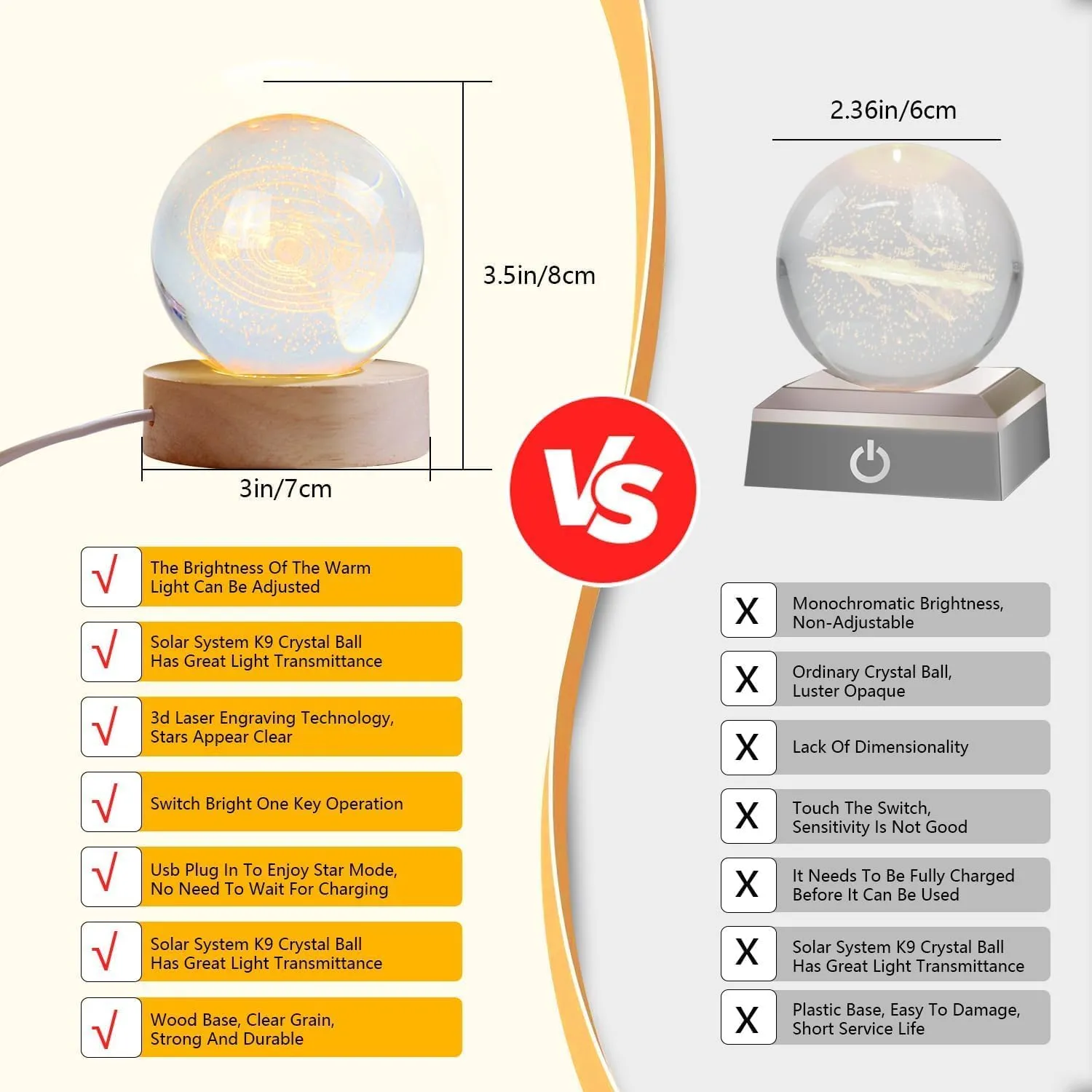 One94Store 3D Galaxy Crystal Ball Night Lamp - Engraved USB Table LED Wooden Light for Home Office Decoration and Birthday Gift (Galaxy)(Warm White)