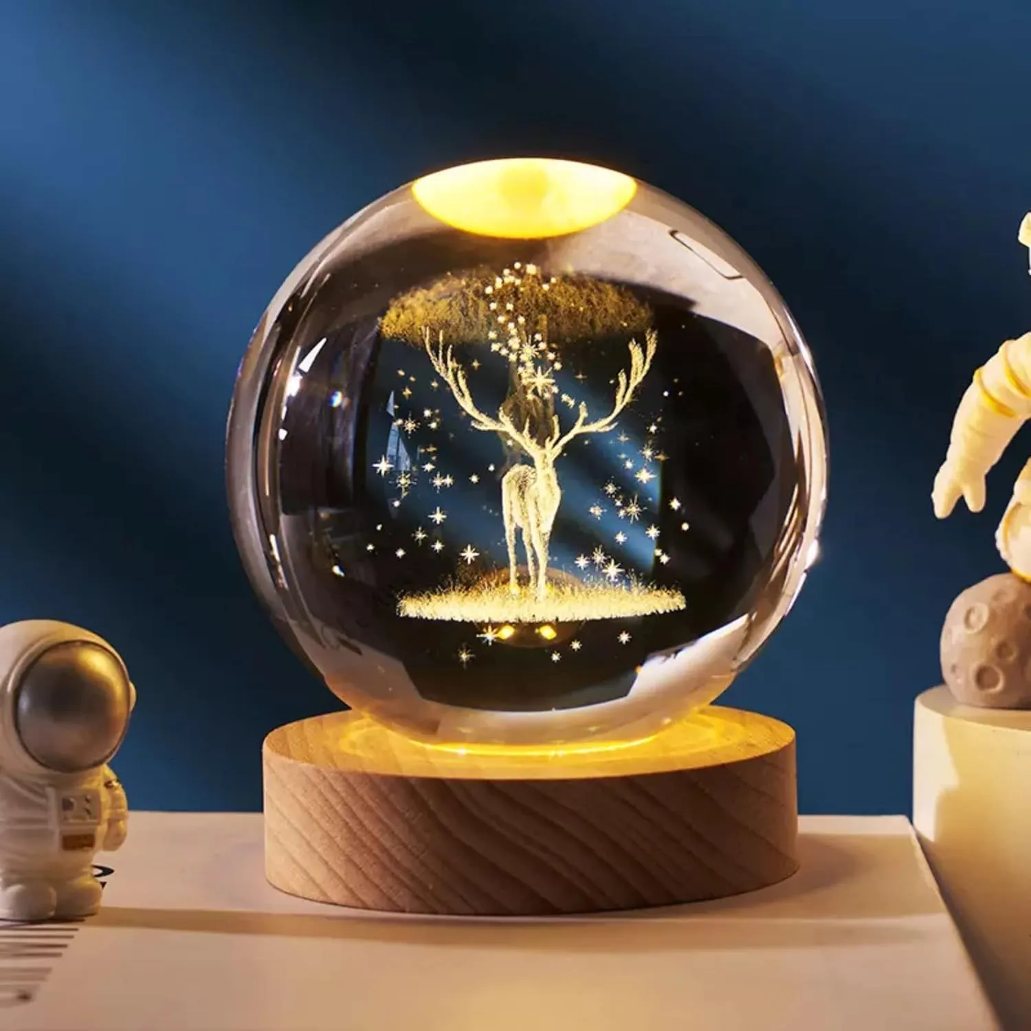 One94Store 3D Galaxy Crystal Ball Night Lamp - Engraved USB Table LED Wooden Light for Home Office Decoration and Birthday Gift (Galaxy)(Warm White)