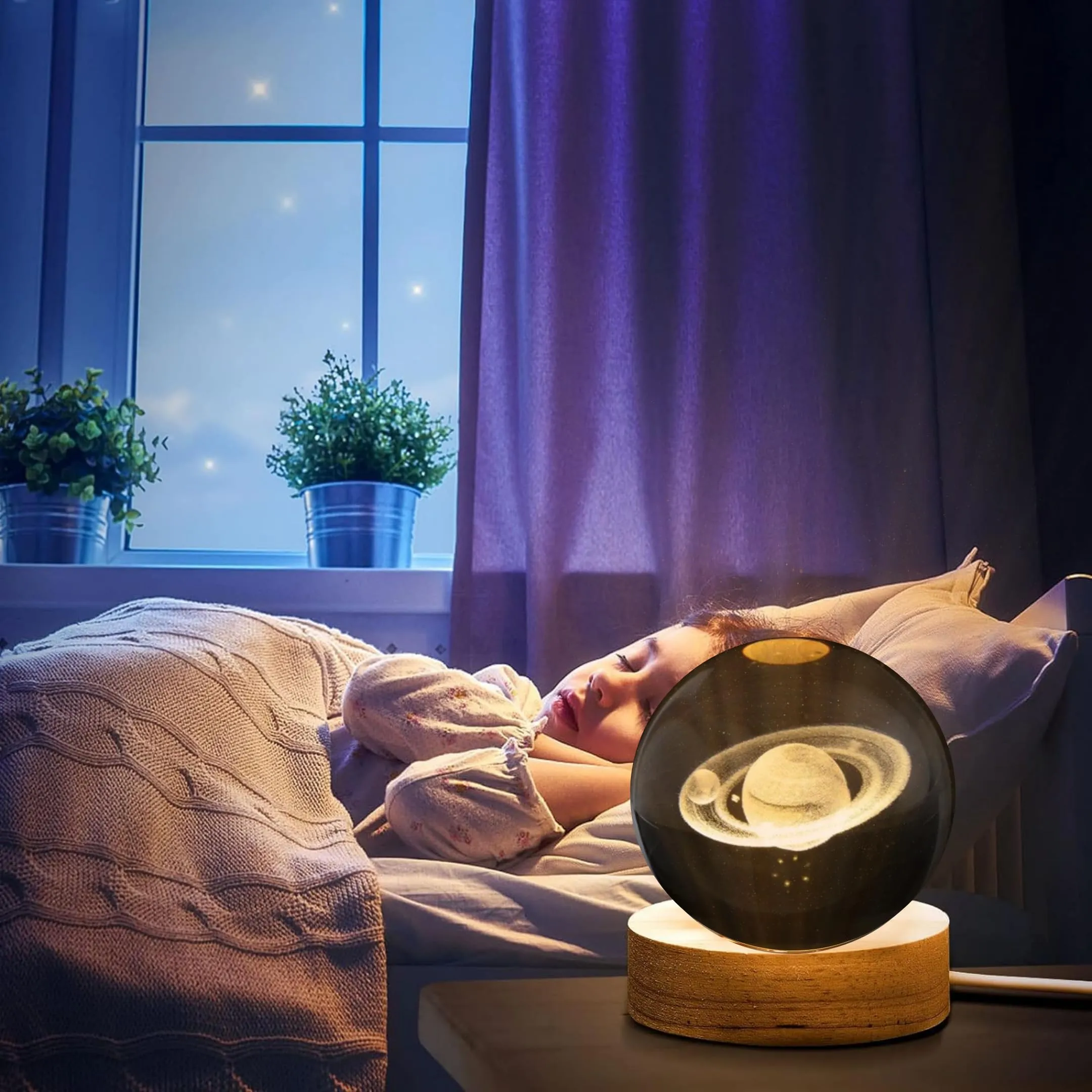 One94Store 3D Galaxy Crystal Ball Night Lamp - Engraved USB Table LED Wooden Light for Home Office Decoration and Birthday Gift (Galaxy)(Warm White)