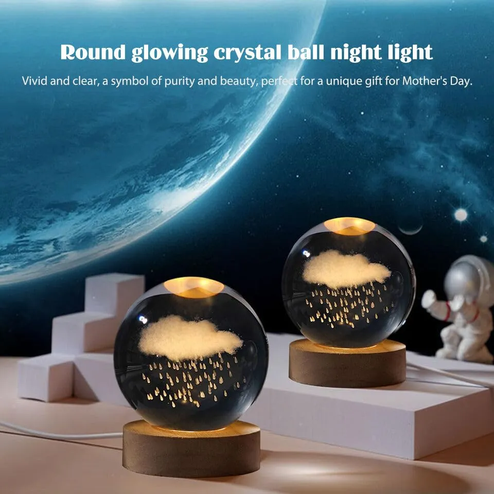 One94Store 3D Galaxy Crystal Ball Night Lamp - Engraved USB Table LED Wooden Light for Home Office Decoration and Birthday Gift (Galaxy)(Warm White)
