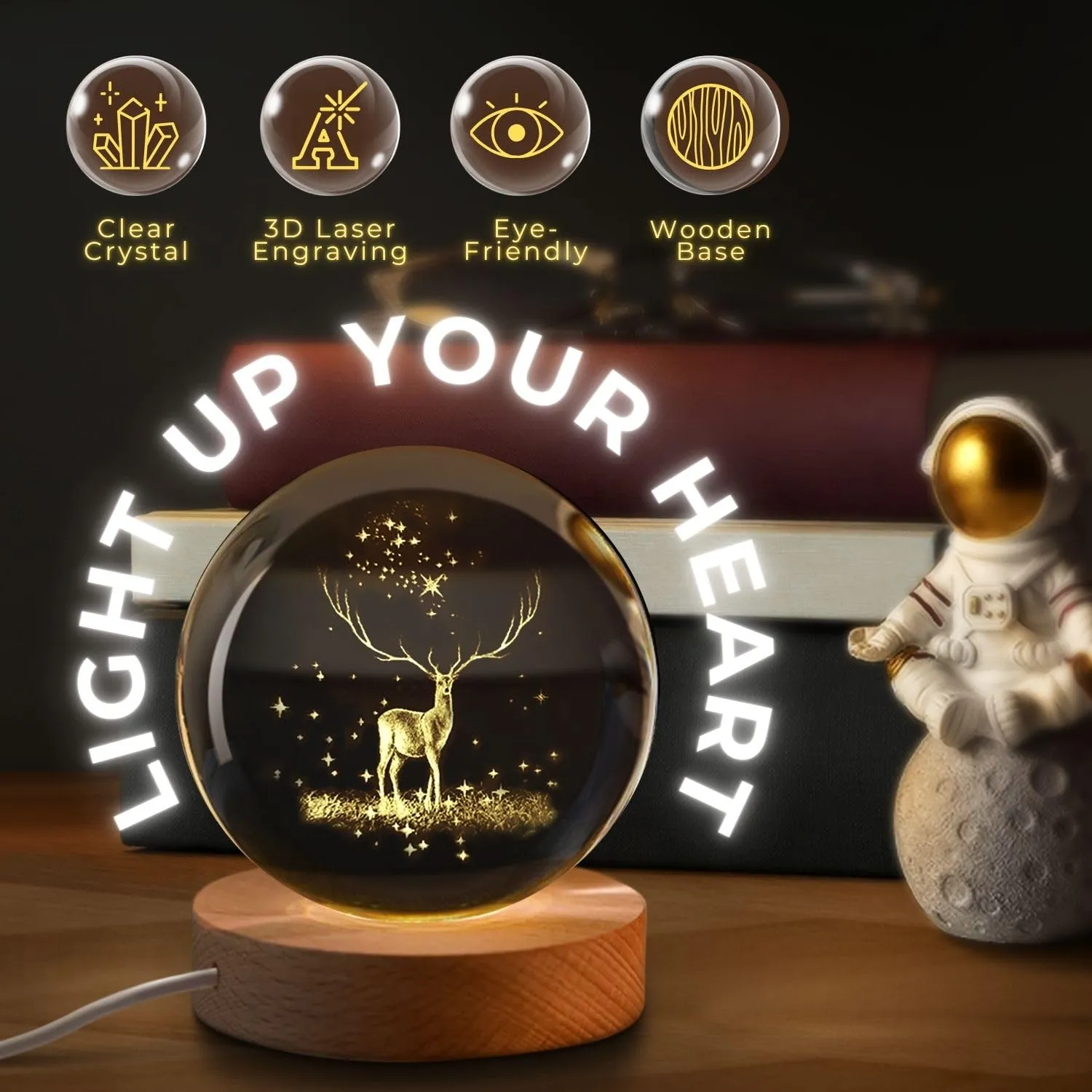 One94Store 3D Galaxy Crystal Ball Night Lamp - Engraved USB Table LED Wooden Light for Home Office Decoration and Birthday Gift (Galaxy)(Warm White)