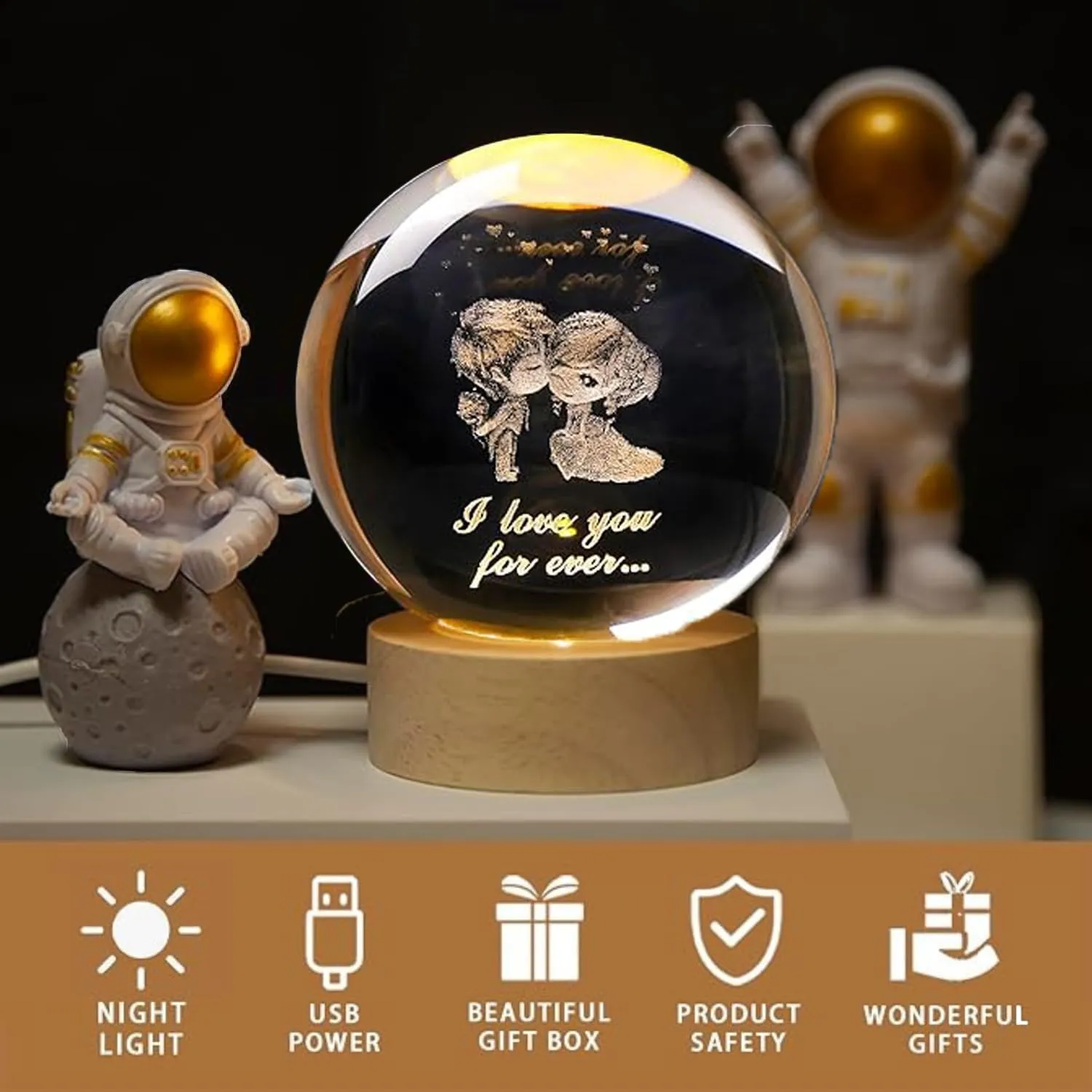 One94Store 3D Galaxy Crystal Ball Night Lamp - Engraved USB Table LED Wooden Light for Home Office Decoration and Birthday Gift (Galaxy)(Warm White)