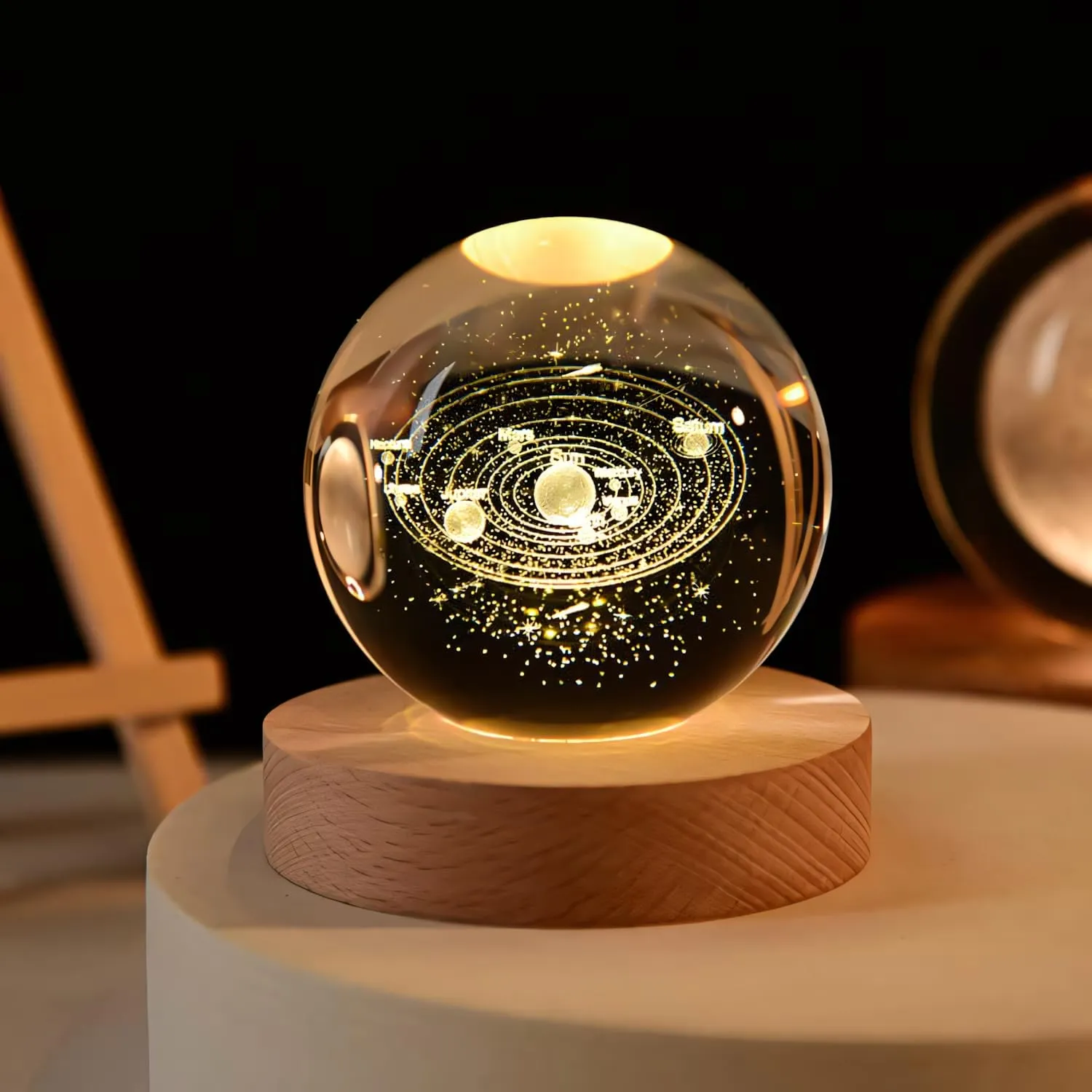 One94Store 3D Galaxy Crystal Ball Night Lamp - Engraved USB Table LED Wooden Light for Home Office Decoration and Birthday Gift (Galaxy)(Warm White)