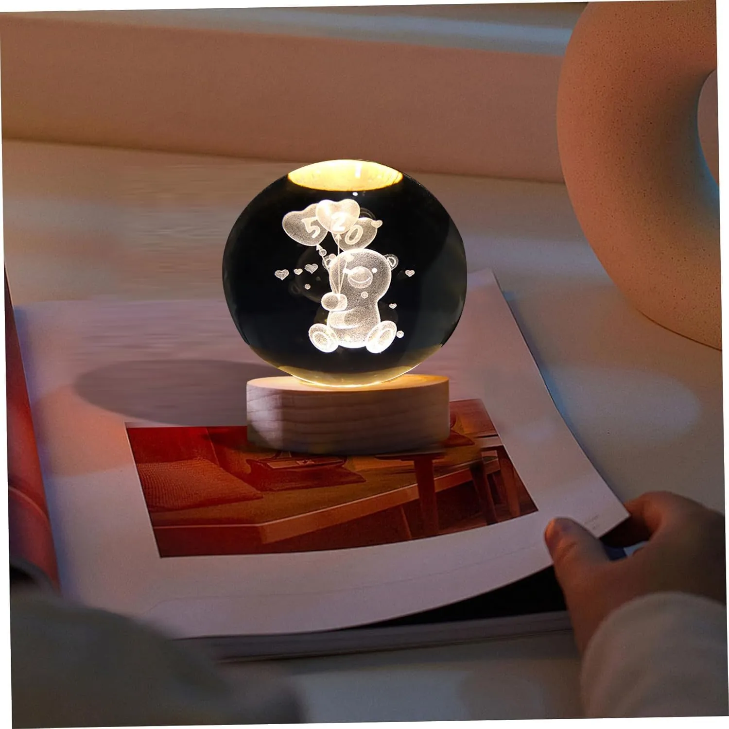 One94Store 3D Galaxy Crystal Ball Night Lamp - Engraved USB Table LED Wooden Light for Home Office Decoration and Birthday Gift (Galaxy)(Warm White)