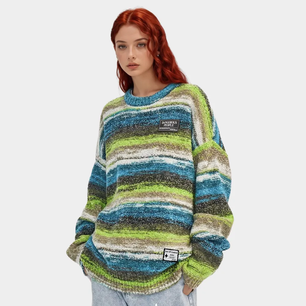 OOC' Retro Colorful Striped Contrast Crew Neck Knitted Sweater