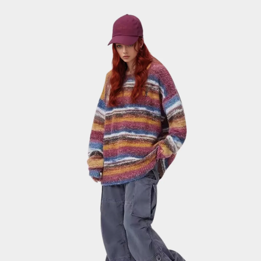 OOC' Retro Colorful Striped Contrast Crew Neck Knitted Sweater