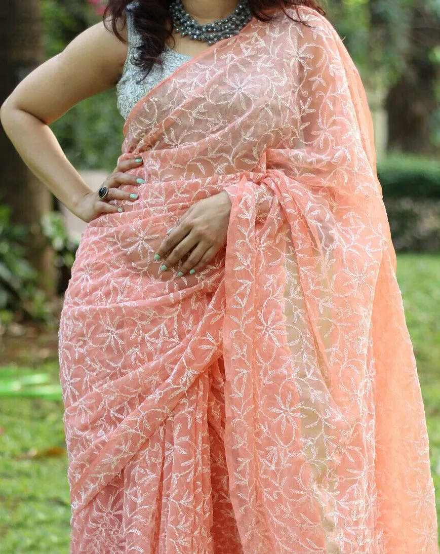 Peach Lucknowi Tepechi Work Saree
