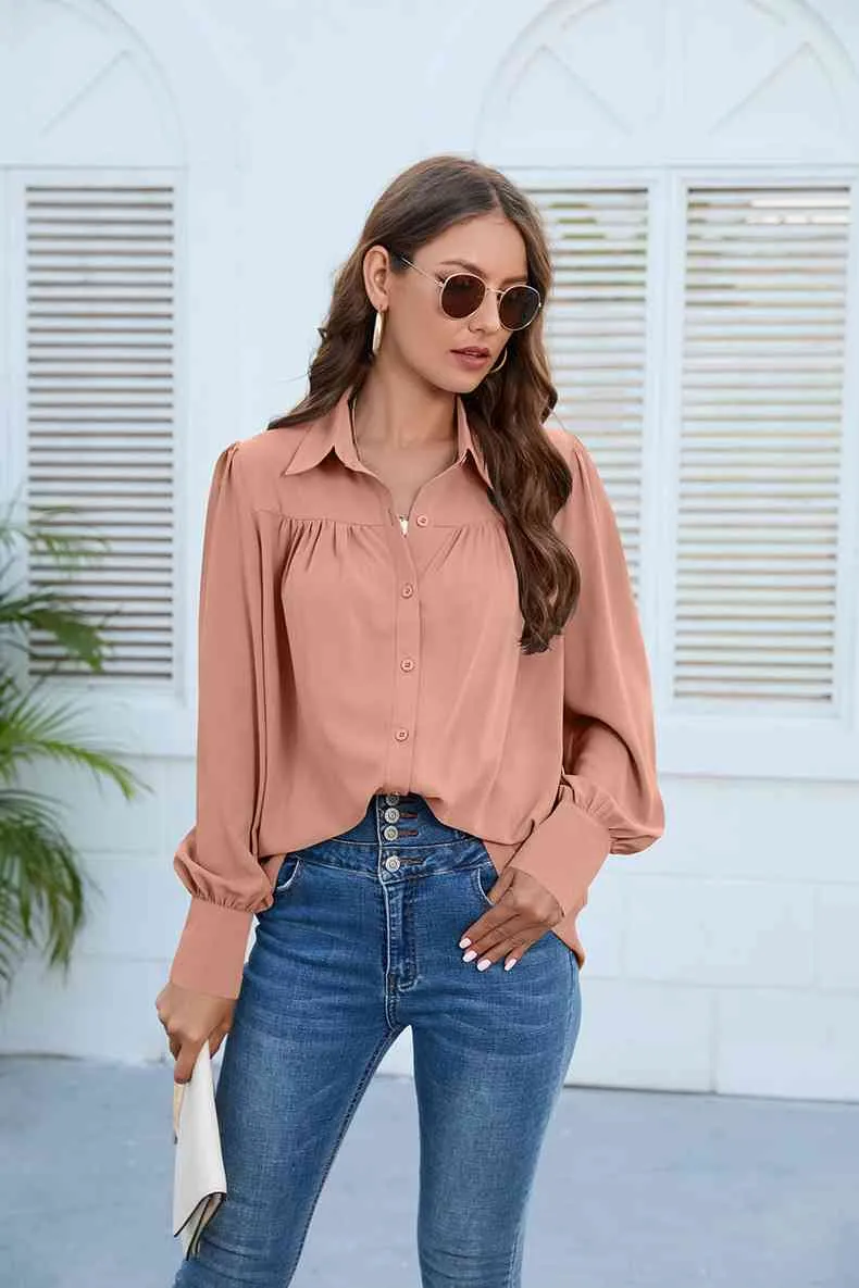 Puff Sleeve Collared Neck Shirt (3 Colors)