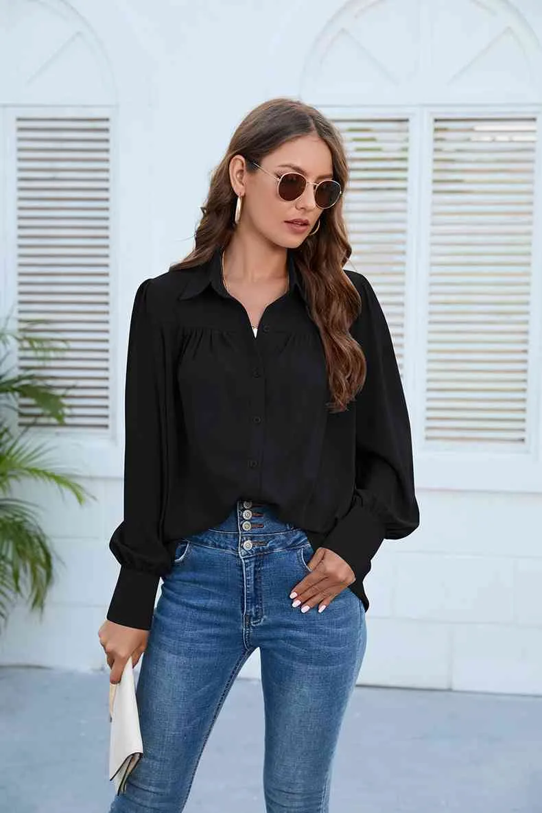 Puff Sleeve Collared Neck Shirt (3 Colors)