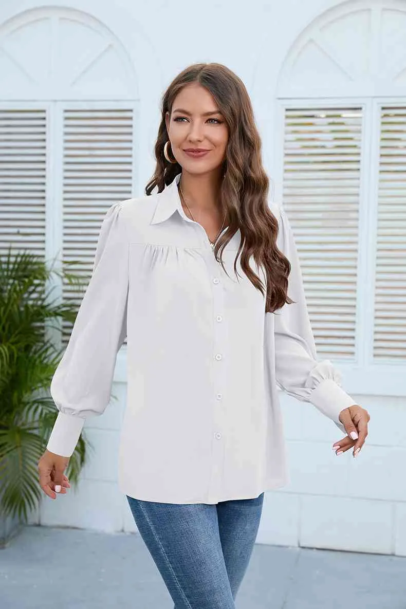 Puff Sleeve Collared Neck Shirt (3 Colors)