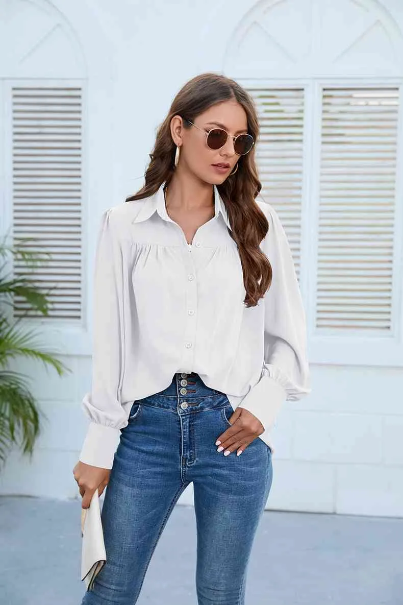 Puff Sleeve Collared Neck Shirt (3 Colors)