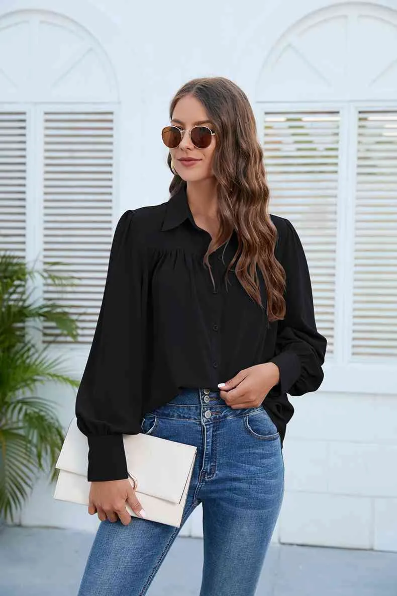 Puff Sleeve Collared Neck Shirt (3 Colors)