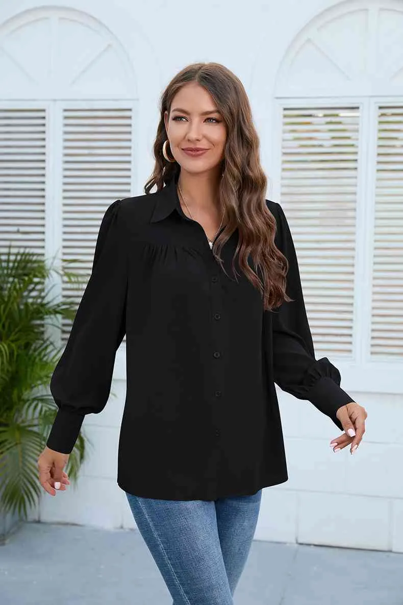 Puff Sleeve Collared Neck Shirt (3 Colors)