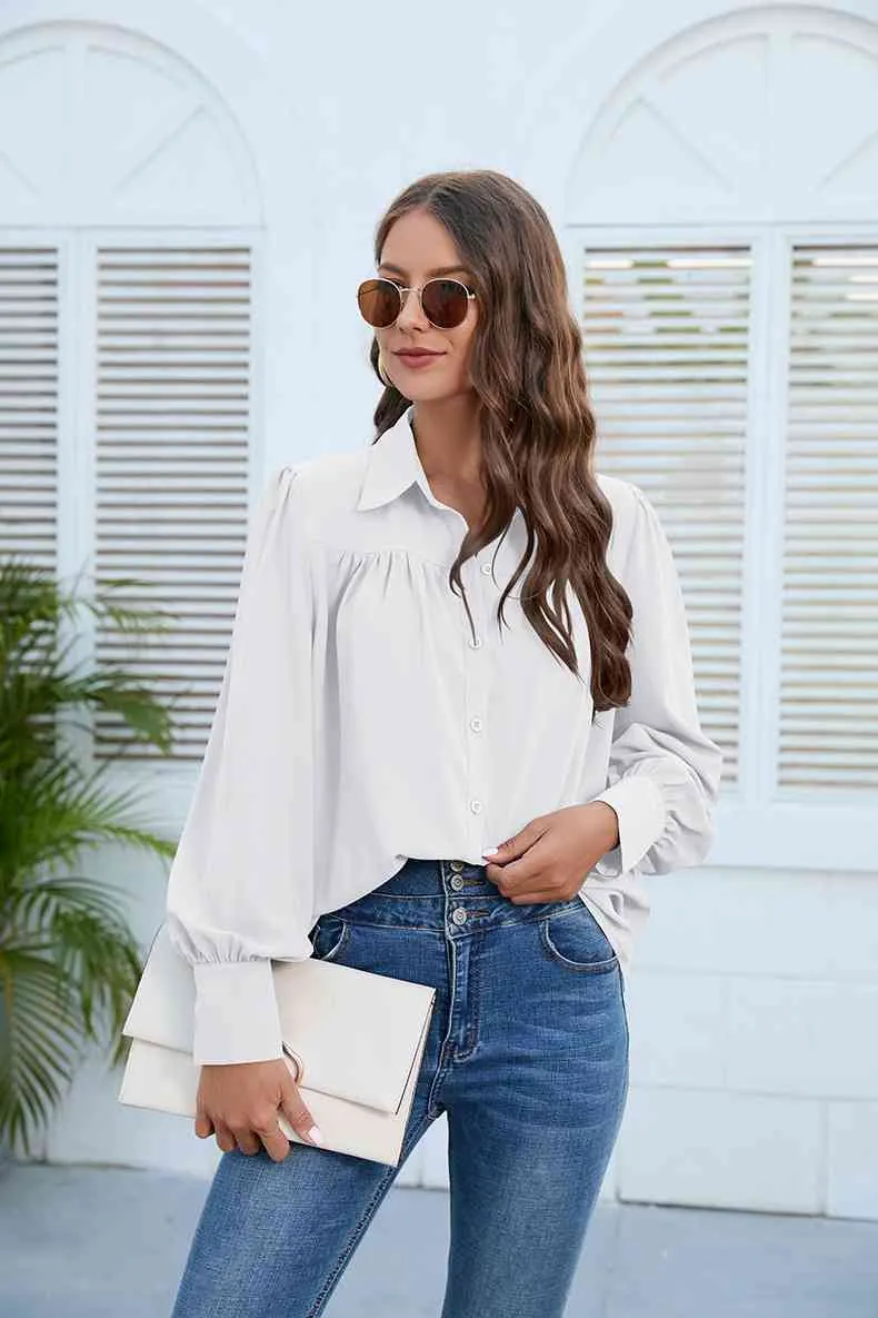 Puff Sleeve Collared Neck Shirt (3 Colors)