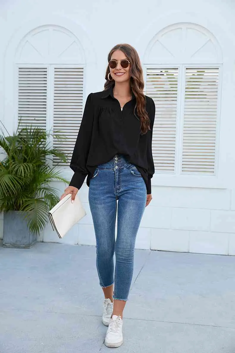 Puff Sleeve Collared Neck Shirt (3 Colors)
