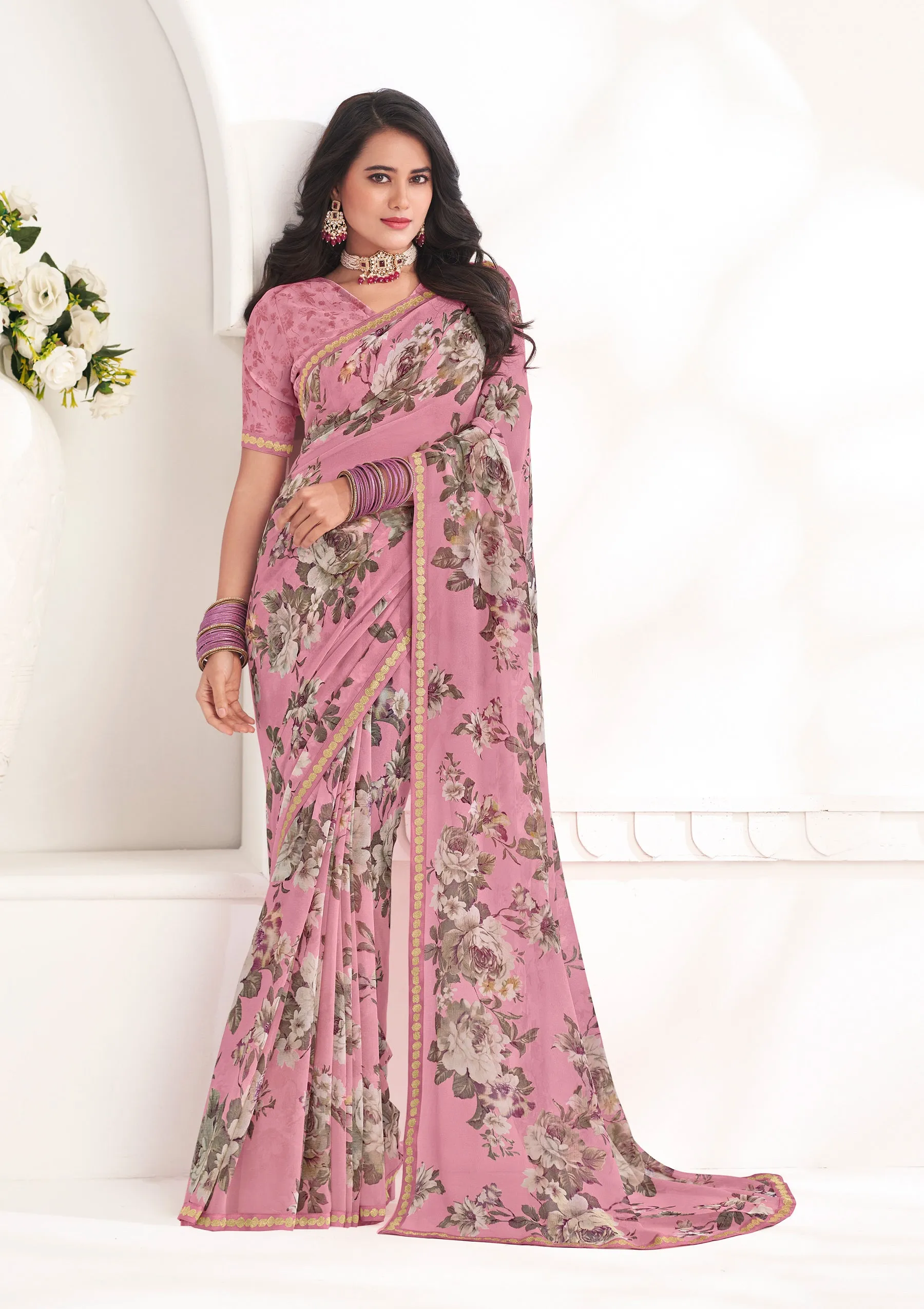 Purple Floral Georgette Saree - Gulabo