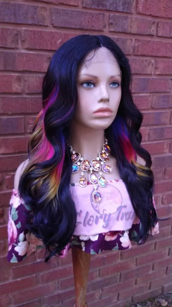 Rainbow Wavy Lace Front Wig HD Lace Synthetic Ombre Wigs For Women Halloween And Cosplay Party Wigs Heat Resistant Wig GloryTress - COVENANT